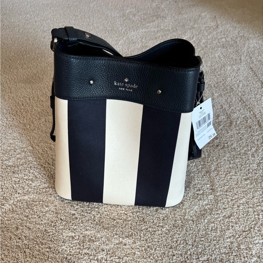 Kate Spade navy blue cream stripe bucket bag purse tote crossbody satchel NWT